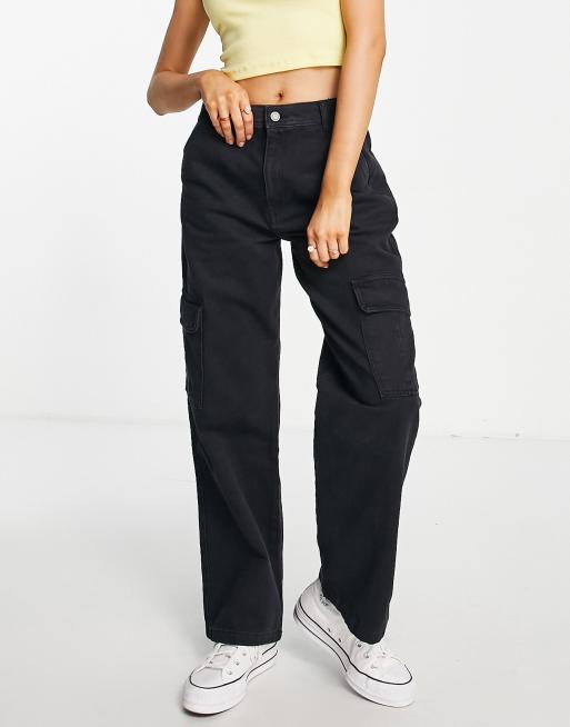 Pull&Bear - Cargobroek met hoge taille en rechte pijpen in zwart