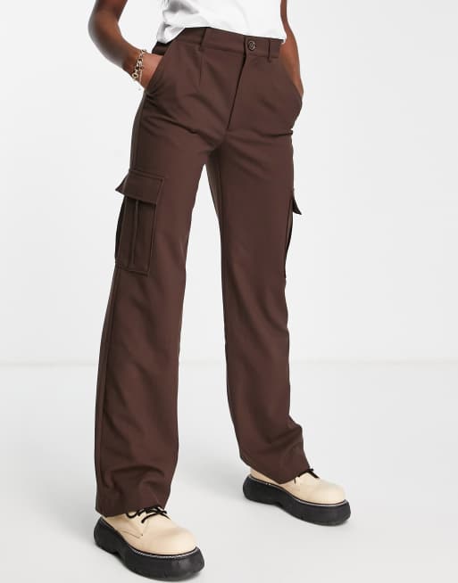 Pull&Bear - Cargobroek met rechte pijpen en hoge taille in bruin