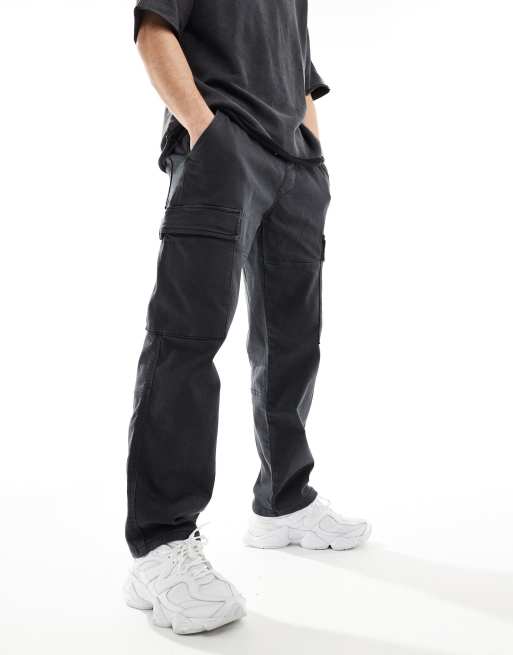 Pull&Bear – Cargohose in Schwarz mit weitem Schnitt