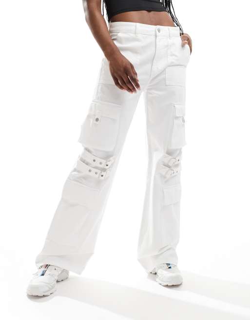 Pull&Bear - Cargojeans met bandjes in wit