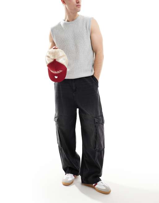 Pull&Bear - Cargojeans met super baggy pasvorm in zwart met wassing