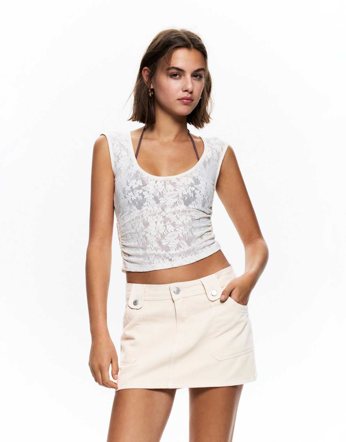 Pull&Bear carpenter mini skirt in sand