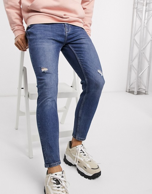 Pull&Bear carrot fit jeans with rips in dark blue
