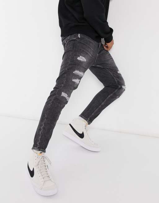 Pull&Bear carrot fit jeans with soft rips in washed black