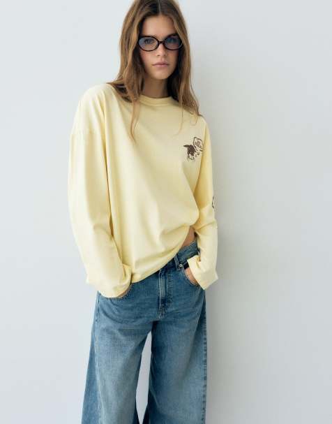 Pull&Bear Cat graphic oversize t-shirt in butter - view 1