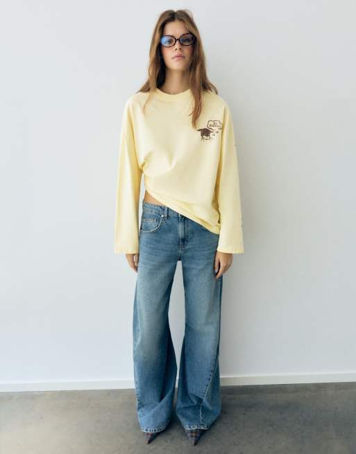 Pull&Bear Cat graphic oversize t-shirt in butter, 4 of 7