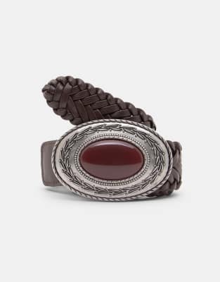 Pull & Bear - Ceinture tressée à pierres - Marron