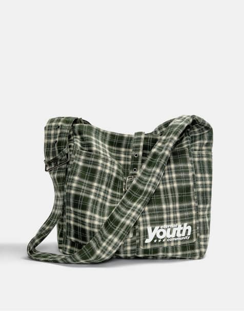 Pull&Bear check crossbody bag with buckle in green - view 1
