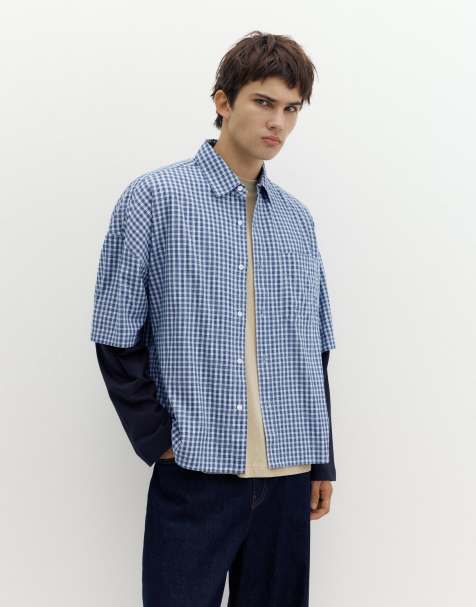 Pull&Bear Check double sleeve shirt in blue - view 1