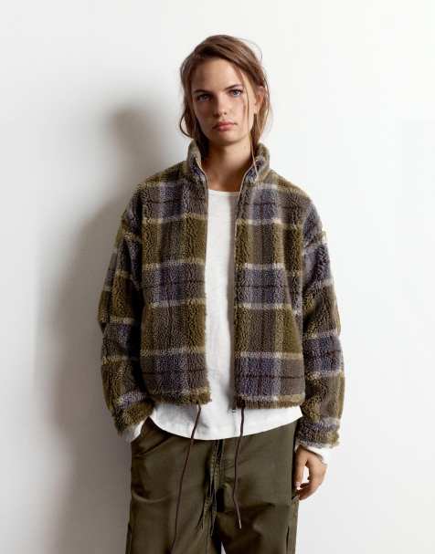 Pull&Bear Check faux shearling jacket in khaki - view 1