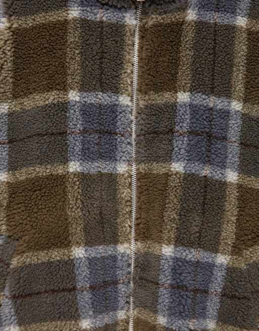 Pull&Bear Check faux shearling jacket in khaki, 7 of 7