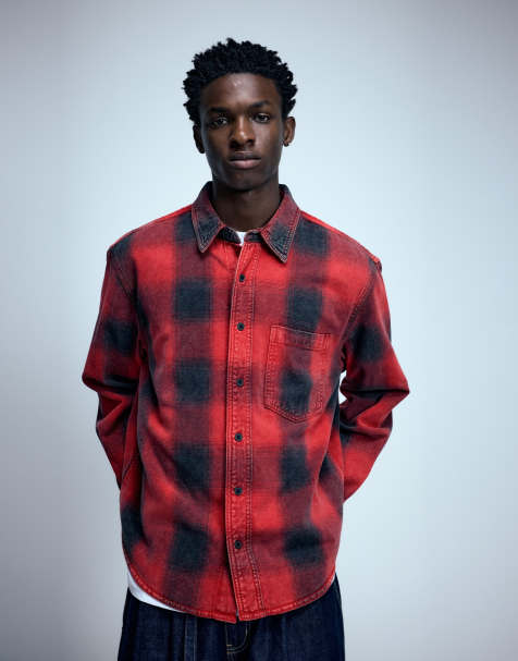Pull&Bear Check long sleeve overshirt in red - view 1