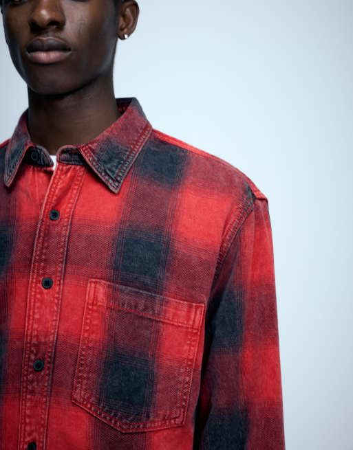 Pull&Bear Check long sleeve overshirt in red, 3 of 7