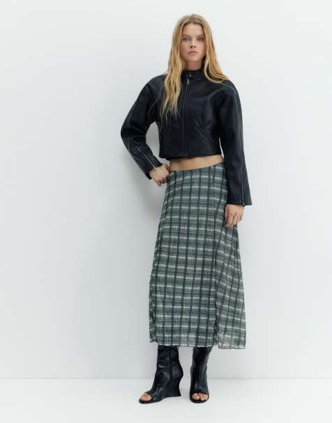 Pull&Bear Check midi skirt in grey