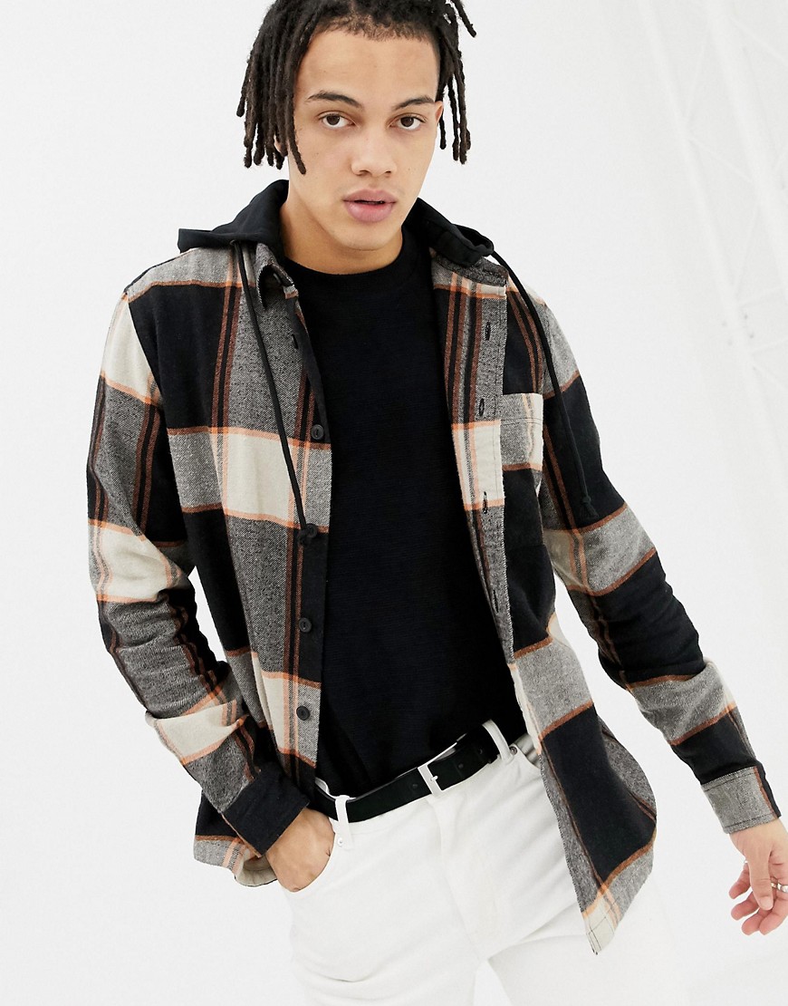 Pull & Bear check over shirt with jersey hood-Brown