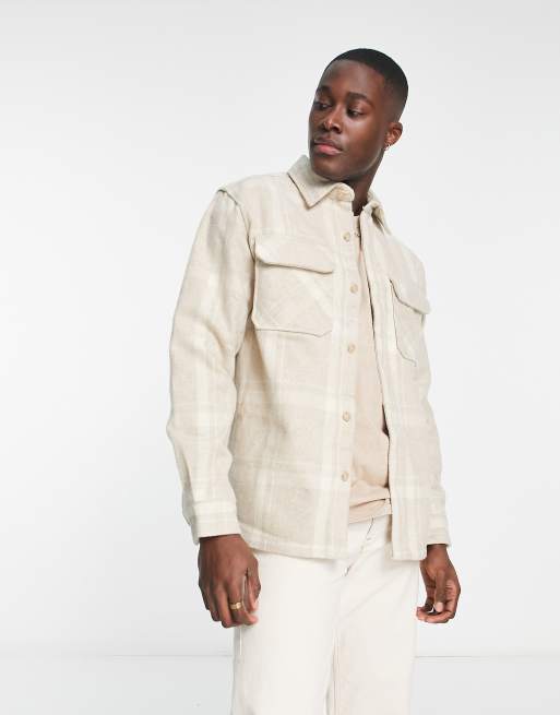 Pull&Bear check overshirt in stone | ASOS