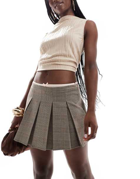 Pull&Bear check pleated mini skirt with contrast satin waistband in grey - view 1