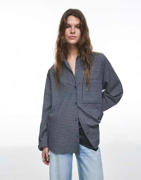 Pull&Bear Check pocket shirt in navy - view 1