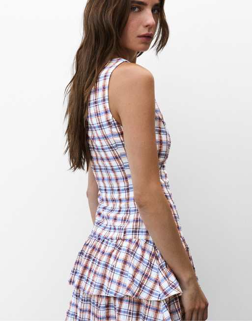 Pull&Bear Check ruffle short dress in blue, 3 of 7
