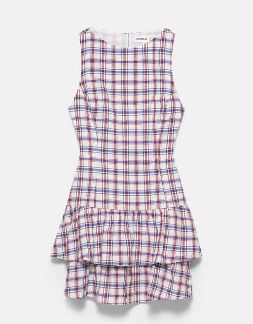 Pull&Bear Check ruffle short dress in blue, 4 of 7