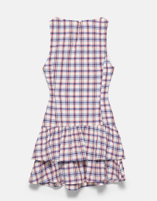 Pull&Bear Check ruffle short dress in blue, 7 of 7