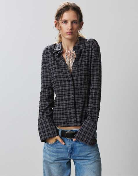 Pull&Bear Check shirt with darts in grey - view 1