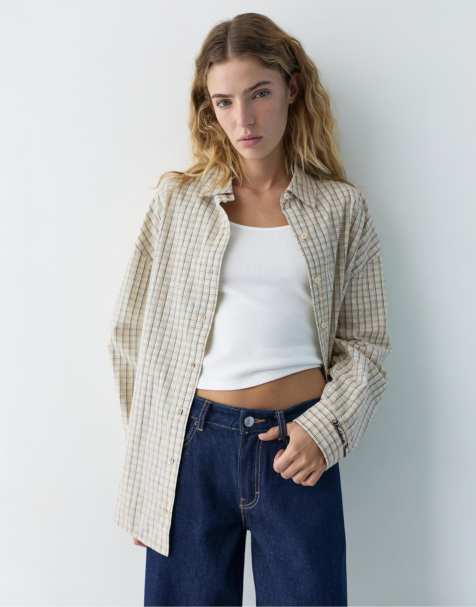 Pull&Bear Check shirt with embroidered slogan in yellow - view 1