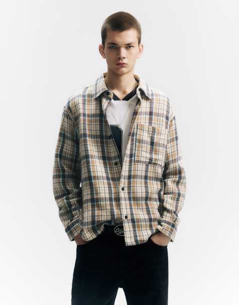 Pull&Bear Check shirt with front pocket in sand - view 1