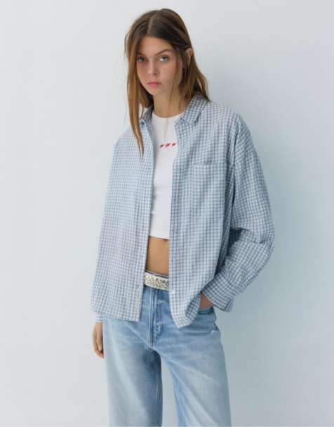 Pull&Bear Check shirt with pocket in sky blue - view 1