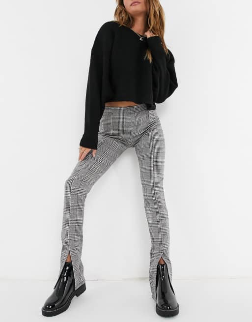 Pull&Bear check trousers with split front in grey