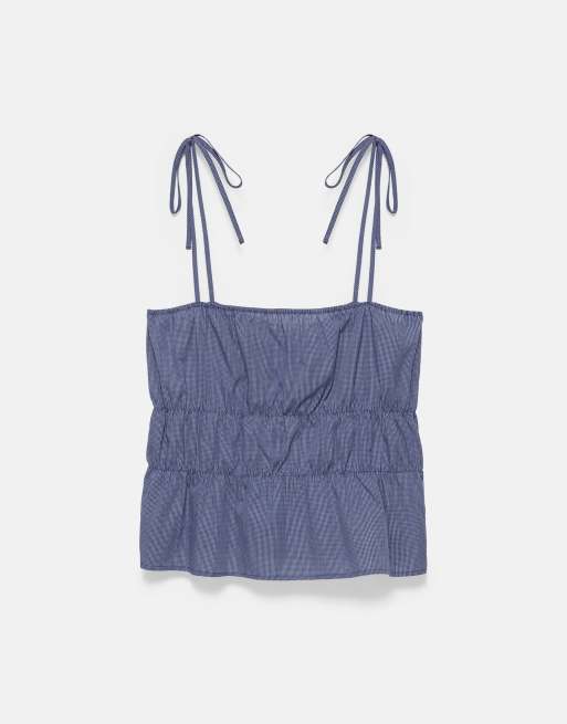 Pull&Bear Checked gathered strappy top in navy, 5 of 7