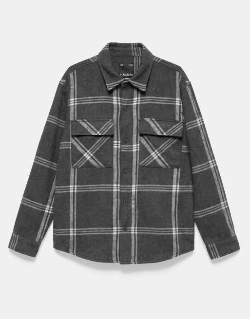 Pull&Bear Checked long sleeve overshirt in black, 5 of 7