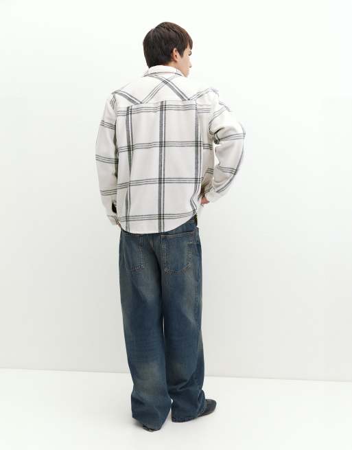 Pull&Bear Checked long sleeve overshirt in off white, 2 of 7