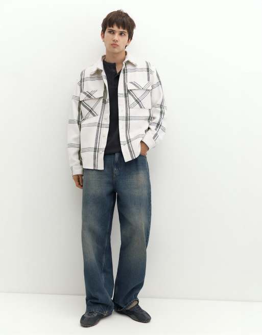 Pull&Bear Checked long sleeve overshirt in off white, 4 of 7