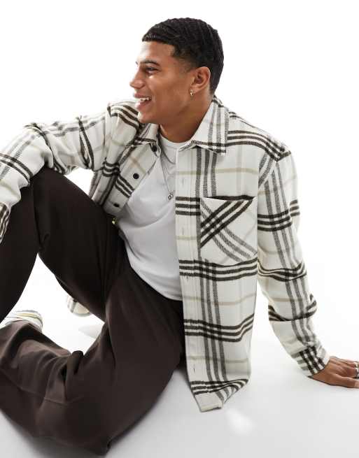 Pull&Bear checked overshirt in ecru