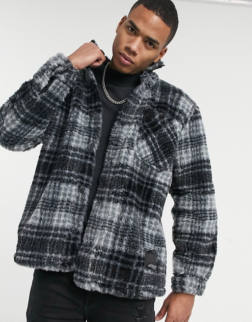 Pull&Bear checked overshirt jacket in black