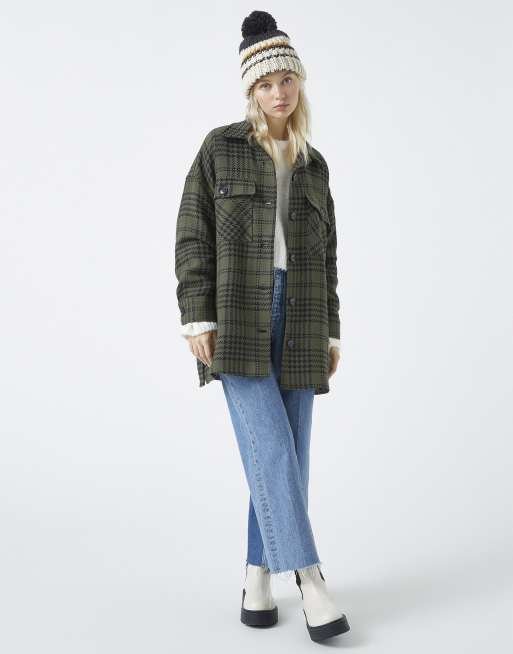 Pull&Bear checked overshirt shacket in khaki