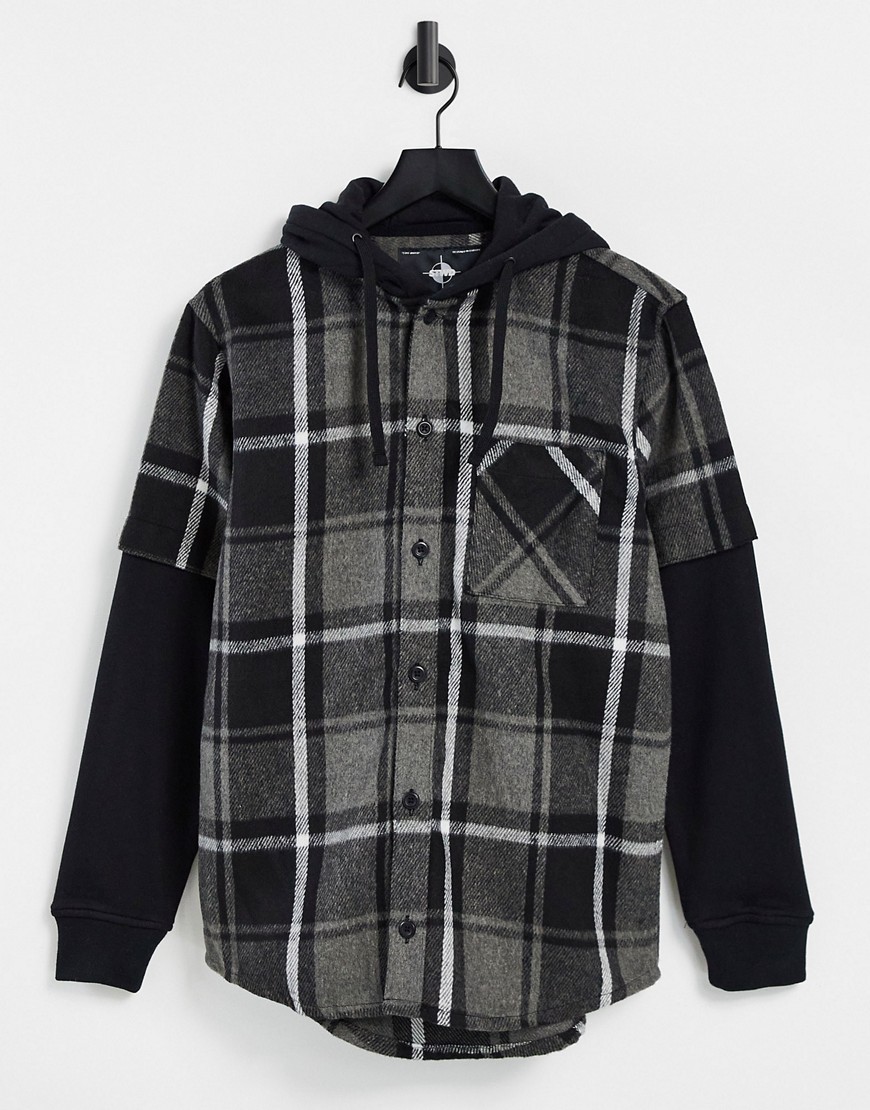 Pull & Bear checked overshirt with jersey sleeves & back print in gray-Grey