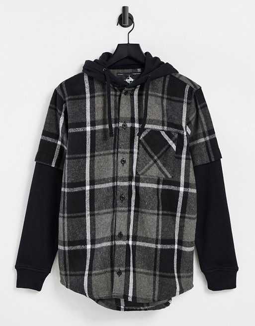 Pull&Bear checked overshirt with jersey sleeves & backprint