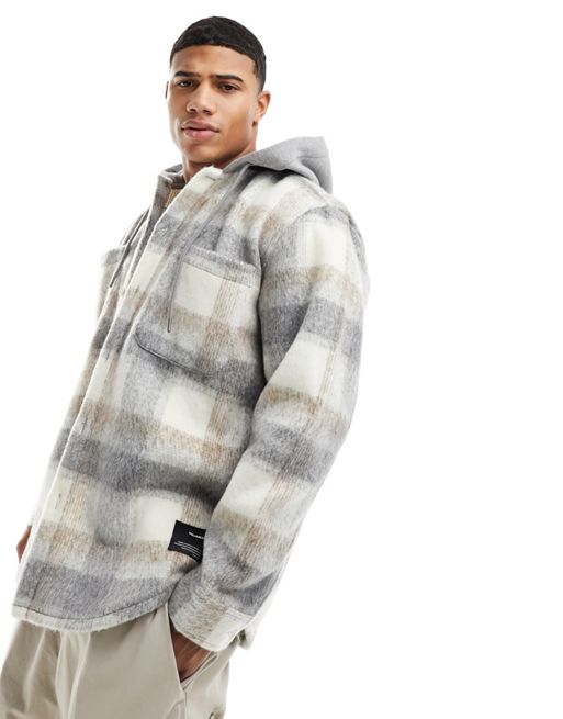 Pull&Bear checked shirt with hood in gray