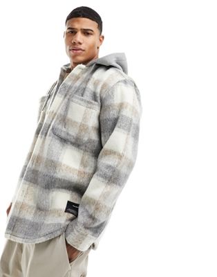 Pull&Bear checked shirt with hood in grey