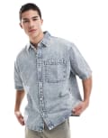 [Pull & Bear] Pull & Bear checked textured denim shirt in blue M BLUE