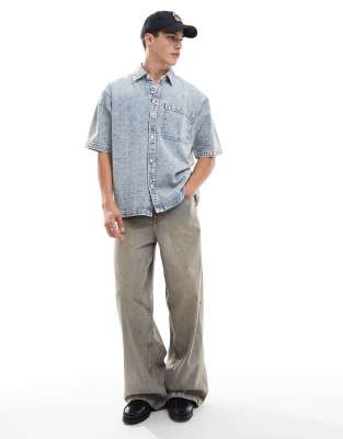 Pull & Bear Checked Textured Denim Shirt