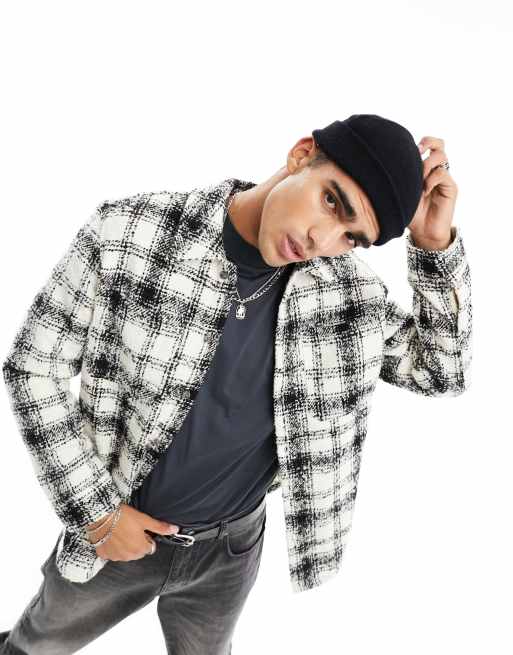 Pull&Bear checked textured shirt in white 