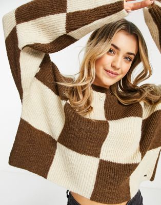 Pull&Bear checkerboard jumper in brown and beige mix
