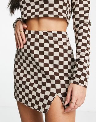 Pull&Bear checkerboard mini skirt co-ord in brown