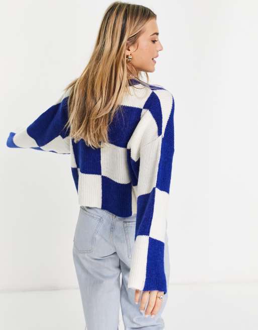 Pull Bear checkerboard sweater in blue and white mix