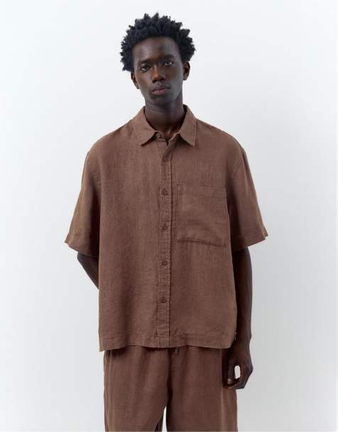 Pull&Bear - Chemise 100 % lin à manches courtes - Marron - view 1