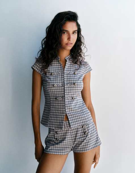 Pull&Bear chemise à carreaux avec fermetures à brandebourg en écru/bleu - view 1