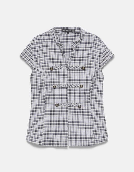Pull&Bear chemise à carreaux avec fermetures à brandebourg en écru/bleu, 5 de 7